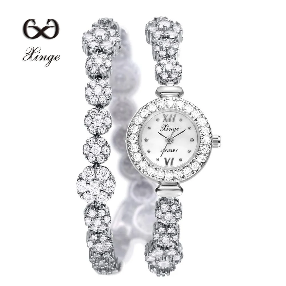 Xinge Luxury Zircon Bracelet Watches Women Silver Copper Ladies Flowers