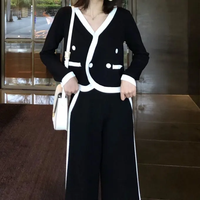 Свитер 1 предмет осенне-зимняя шерстяная одежда смеси в черно-белую полоску лоскутное вязаный кардиган и широкие штаны комплект из 2 частей
