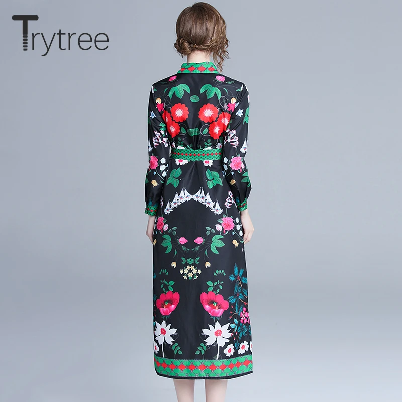 Trytree лето осень платье Высокая улица женское с принтом пояса полиэстер платья с отложным воротником до середины икры офисные женские платья