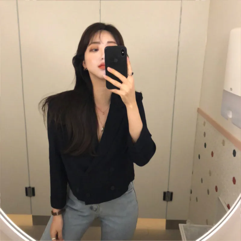 

Ladies Top Long Sleeve Sexy Double Breasted Loose Vintage Summer Vestiti Donna Casual Elegant Women's Blouse Korean Blusas Femme