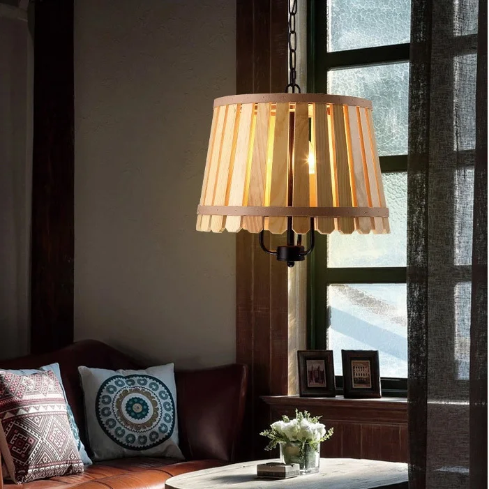 

Mediterranean Wooden Pendant Lights Fixture Hand Made Wood Single Droplights Restaurant Dining Room Foyer Bed Room Pendant Lamps
