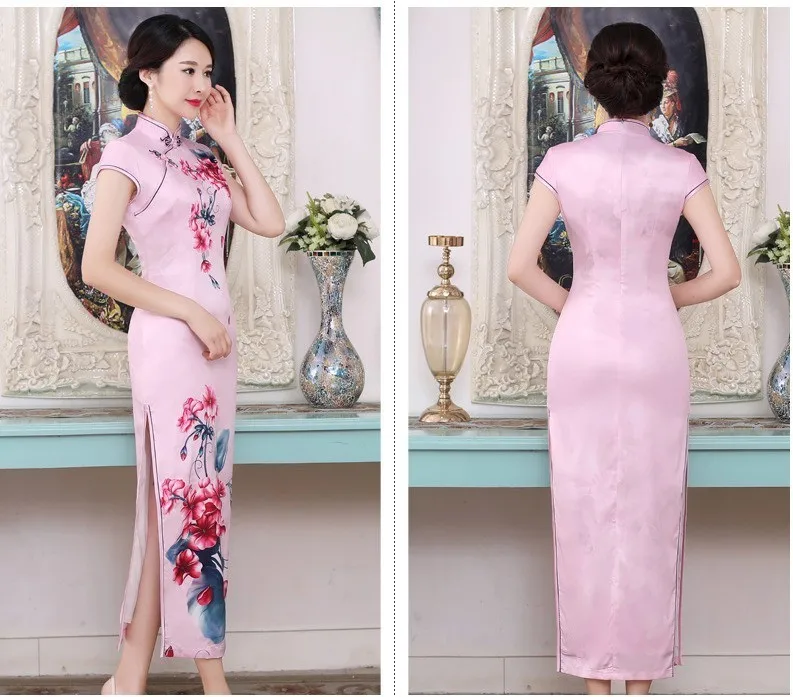 Шэн Коко Восточный халат Chinois Qipao платья для женщин сливы филиал шаблон печати Cheongsam Элегантные Длинные атласное платье плюс размеры