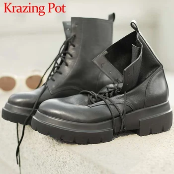 

2018 new fashion motorcycle boots round toe med heels platform high fashion natural leather large size lace up ankle boots L5f2