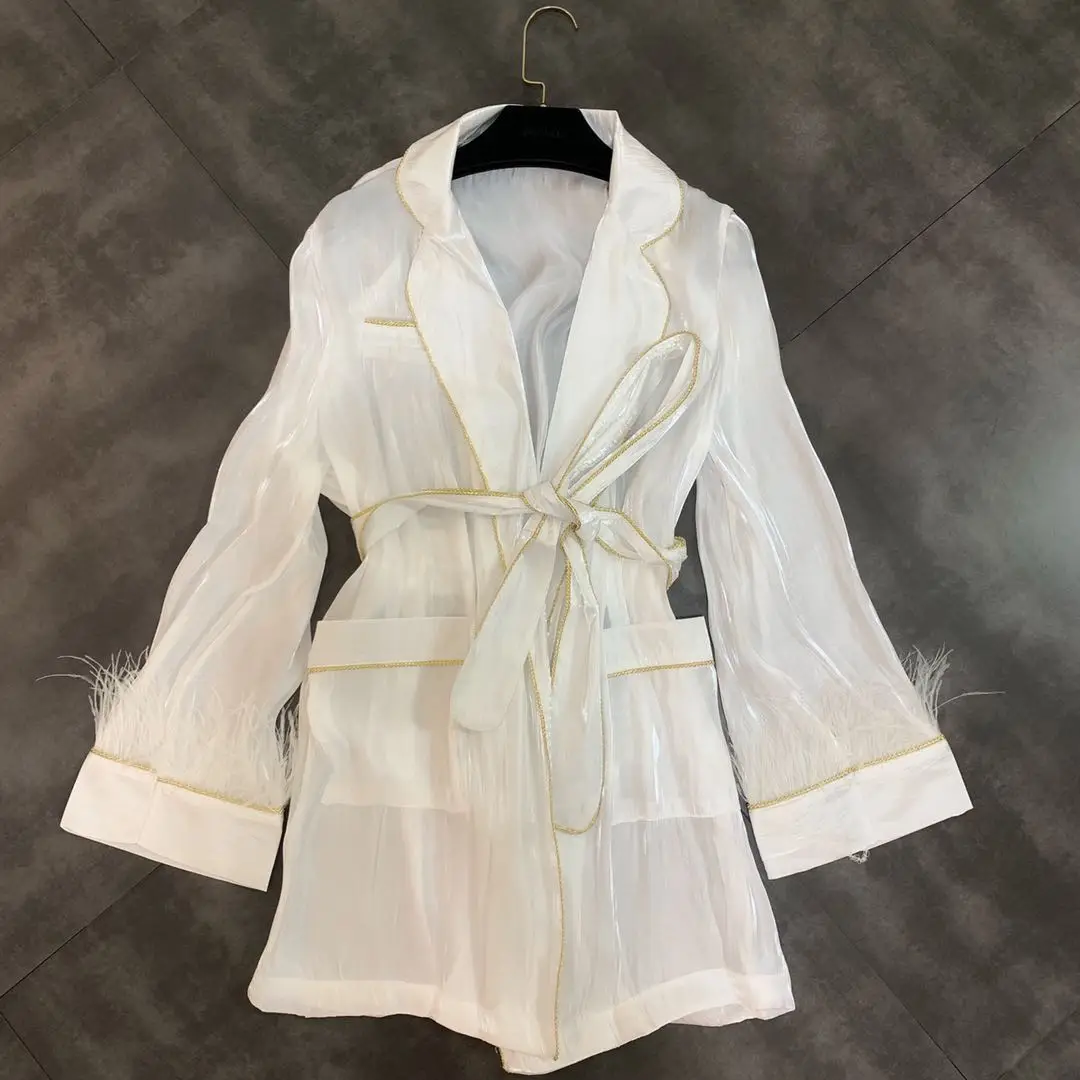 

2019 summer new lapel long-sleeved ostrich feather decorative belt waist dress