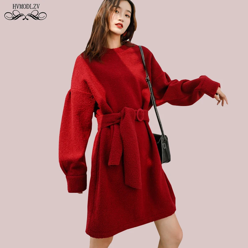 

Autumn And Winter Red Short Dress Women 2019 New Wool Round Neck Thickening Vintage Waistband Fashion Sweater gown Female HJ183
