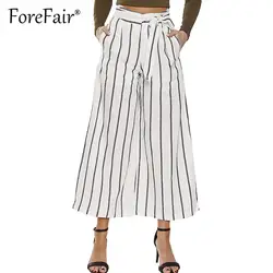 Forefair белые полосатые брюки женские повседневные свободные широкие брюки 2018 лето с высокой талией мягкие с поясом по щиколотку брюки низ
