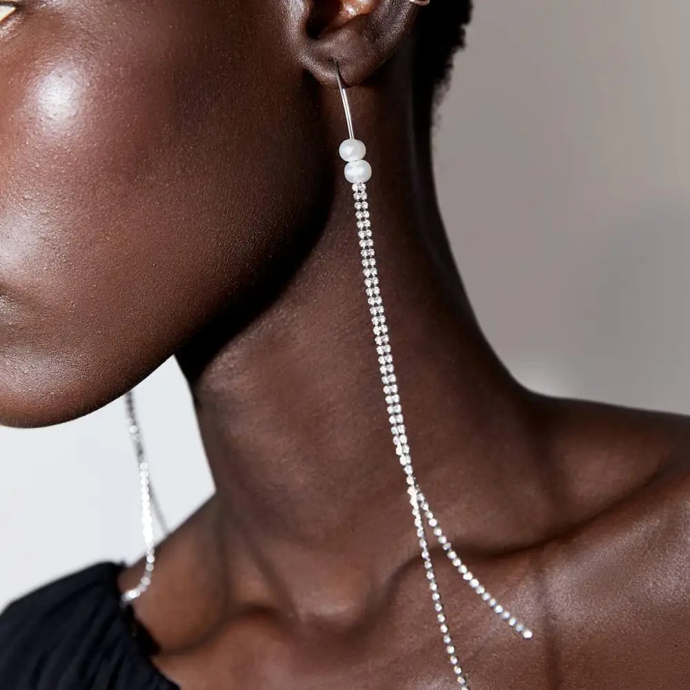 

Girlgo ZA Long Hanging Crystal Bling Drop Earrings for Women Trendy Simulated Pearl Metal Gold Color Earrings Wedding Jewelry