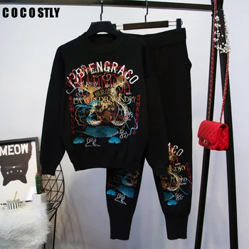 

Tracksuit Women 2 Pieces Set Casual Embroidery Pullover Sweaters Tops Long Sleeve Sweatshirt + Pants Women's Sets Clothes