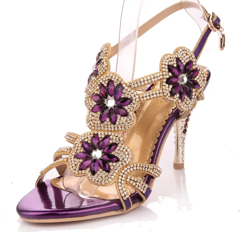 

Charming Plus Size 33-42 Sheepskin Sandals Ladies High Heel Sandals Colorful Peacock Women Rhinestone Shoes Bridal Shoes Wedding