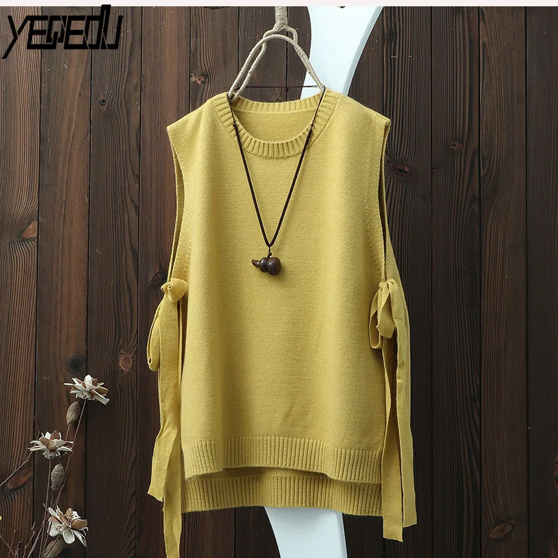 #0731 Round-Neck Pullover Sleeveless Knitted Vest Women Plus Size Side Bandage Thin Hollow Out Loose Pullover Waistcoat Vintage
