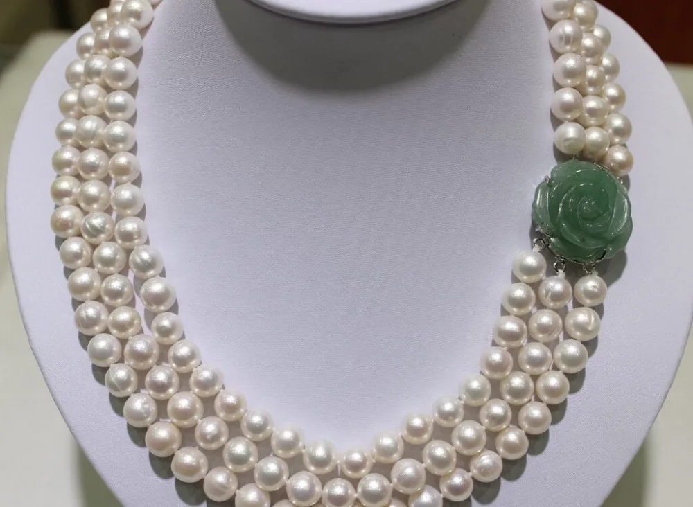 

FREE SHIPPING>>>@@ > N3344 3strands Fresh water pearl necklace white 9-9.5mm 17"18"19" "Handmade"Alloy