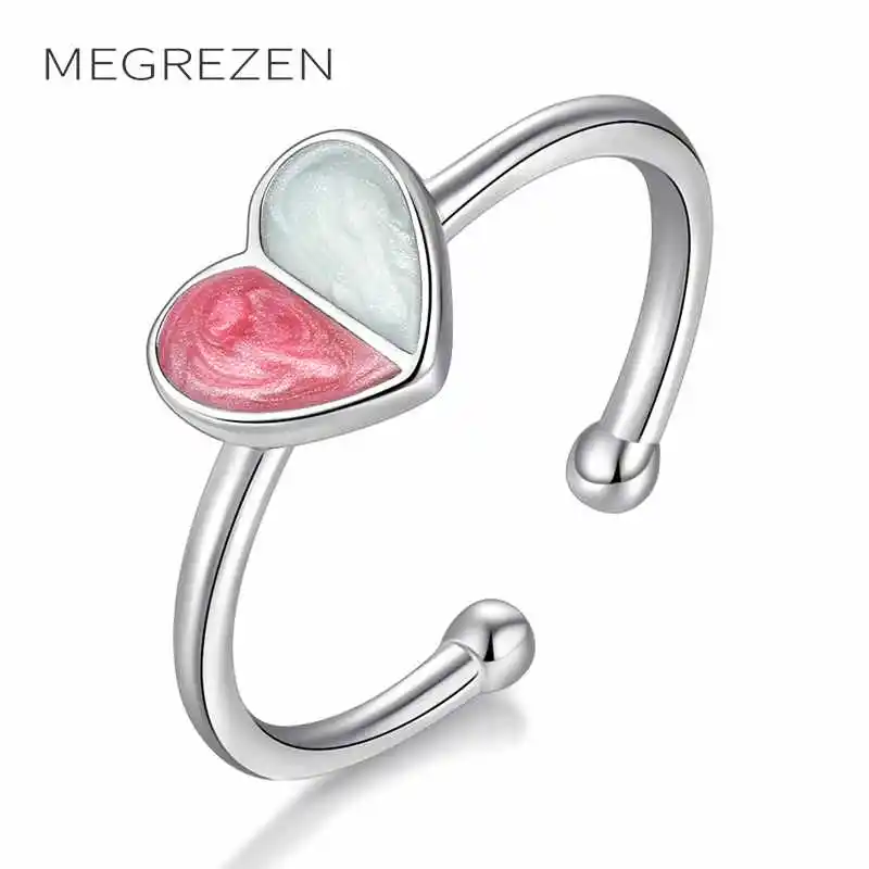 

MEGREZEN Women Silver Love Heart Ring Bridal Wedding Jewelry Adjustable Opening Rings For Women Gift Free Shipping E215-5