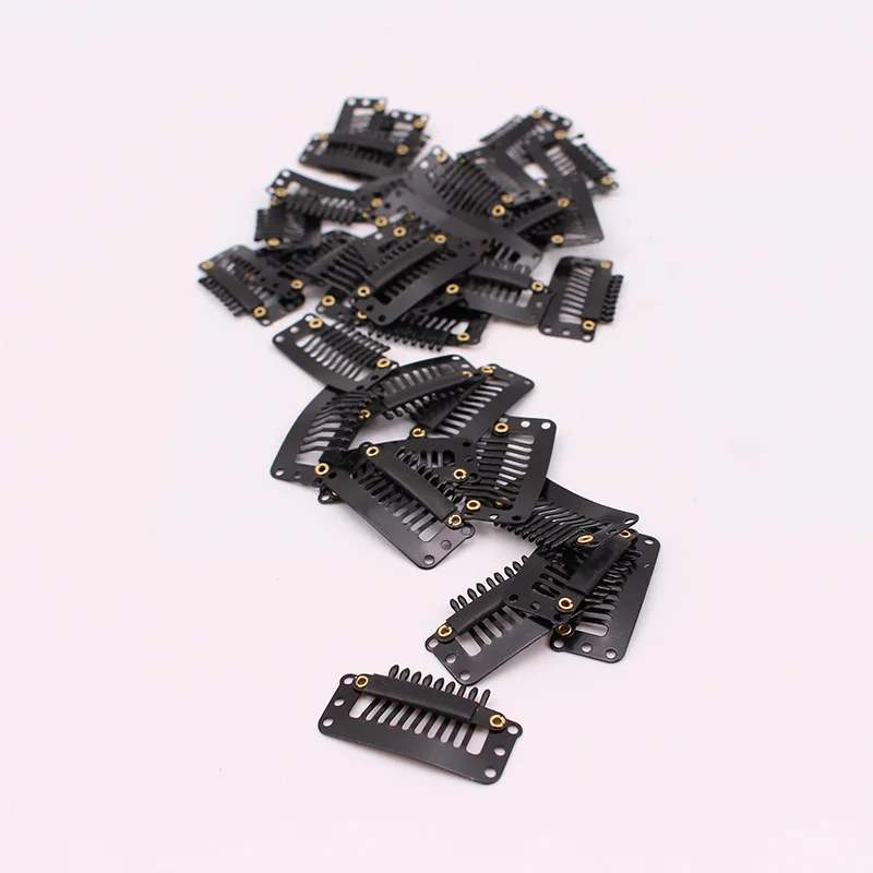 50 pcs 32mm 9-teeth Hair Extension Clips Snap Metal Clips With Silicone Back For Clip in Human Hair Extensions Wig Comb Clips