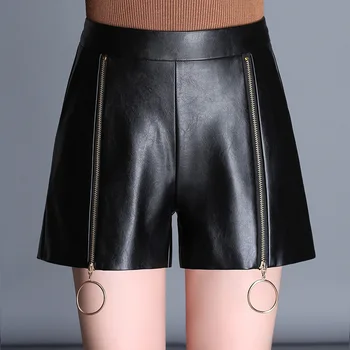 

Slim Black Leather Shorts Women Short Pants Metal Ring Zipper High Waist Shorts Female Elastic Waist Leather Short Pants 4XL