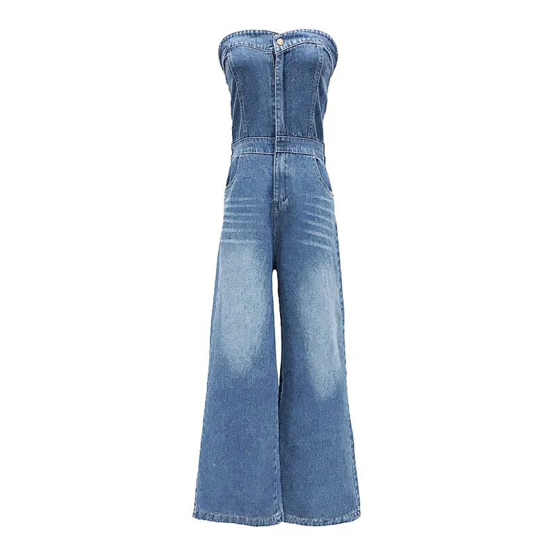Возможно, у женщин без бретелек длинный без рукавов синий джинсовый комбинезон для отдыха пляжный сексуальный карман J0084 - Цвет: Синий