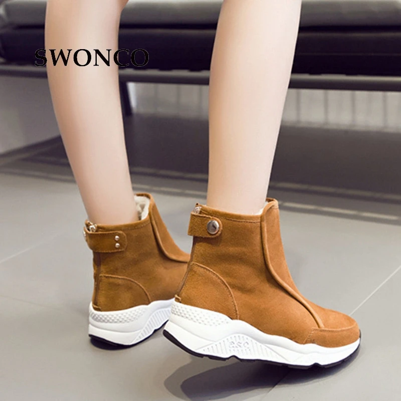 SWONCO/женские зимние ботинки теплые зимние ботинки из натуральной кожи с толстым плюшем ботильоны для женщин зимние ботинки на платформе с высоким каблуком