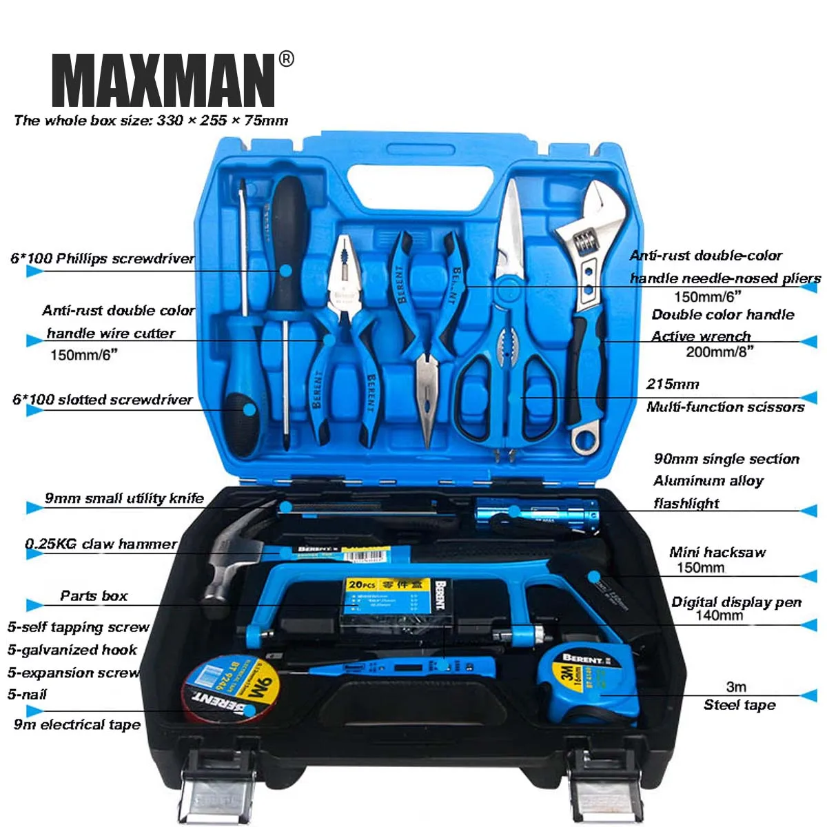 

MAXMAN 36Pcs Hand Tool Set General Household Hand Tool Kit and Plastic Toolbox Storage Case pliers saw Wrench Screwdriver Knife