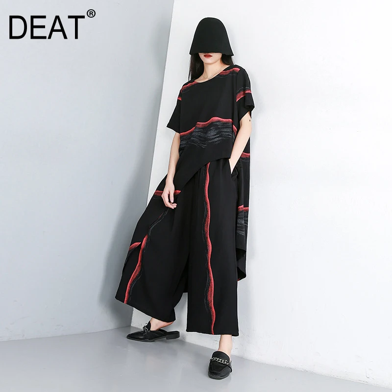 

[DEAT] 2019 New Spring Summer Round Neck Half Sleeve Black Striped Loose Wide Leg Pants Two Piece Suit Women Fashion Tide JW59