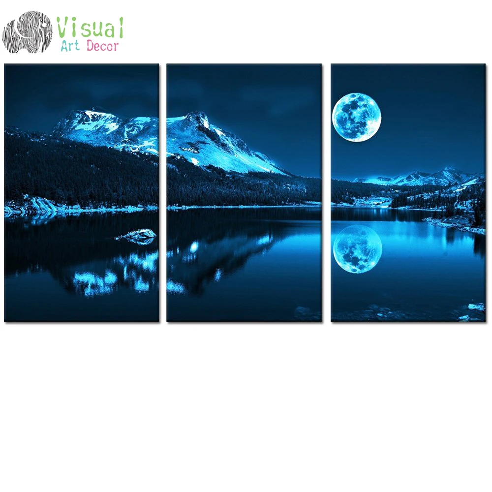 

Blue Moon Canvas Wall Art Decal Landscape Canvas Prints Decor Art 12"x20"x3pcs Interior Room Decor Art