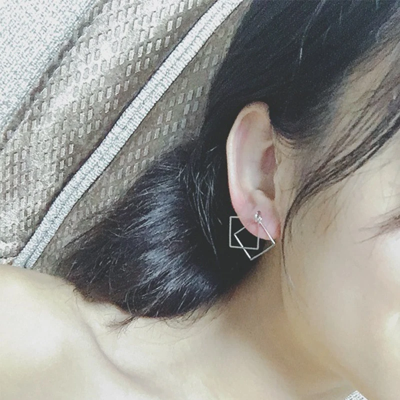 Japanese and Korean Minimalist Design Hollow Frame Double Square Gold&ampsilver Stud Earrings for Women Ear Charm Jewelry | Украшения и