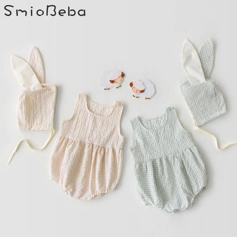 

Summer Style Baby Girl Rompers In 2019, Two-piece Crawling Suit With Hats Fresh Plaid Sleeveless Jumpsuit Rabbit Ear Cap Rompers