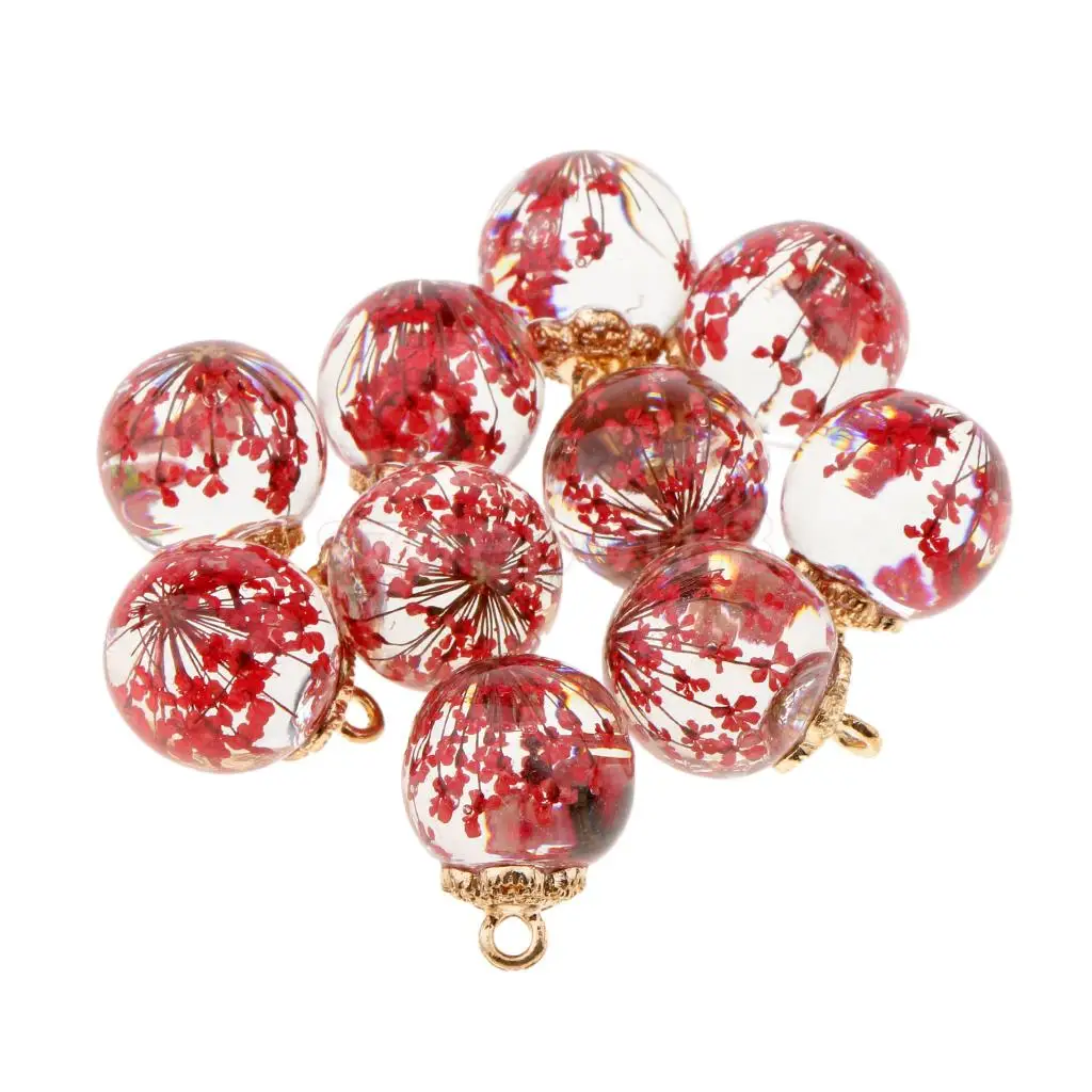 10pcs Dried Flower Glass Ball Pendant with Flower Cap DIY Earring Dangle Craft Findings Loose Beads