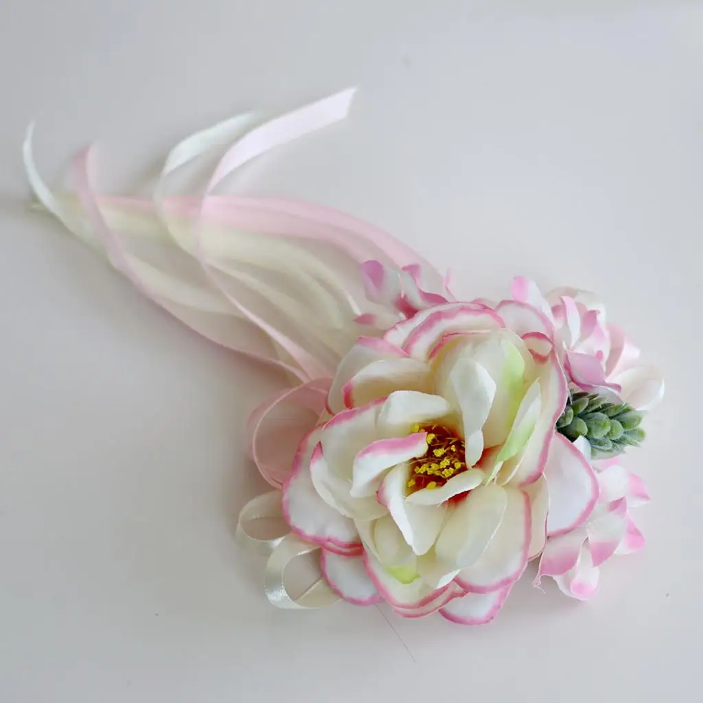 2pcs Artificial Ribbon Flowers Wedding Car Mirror Door Handles Decor Pink