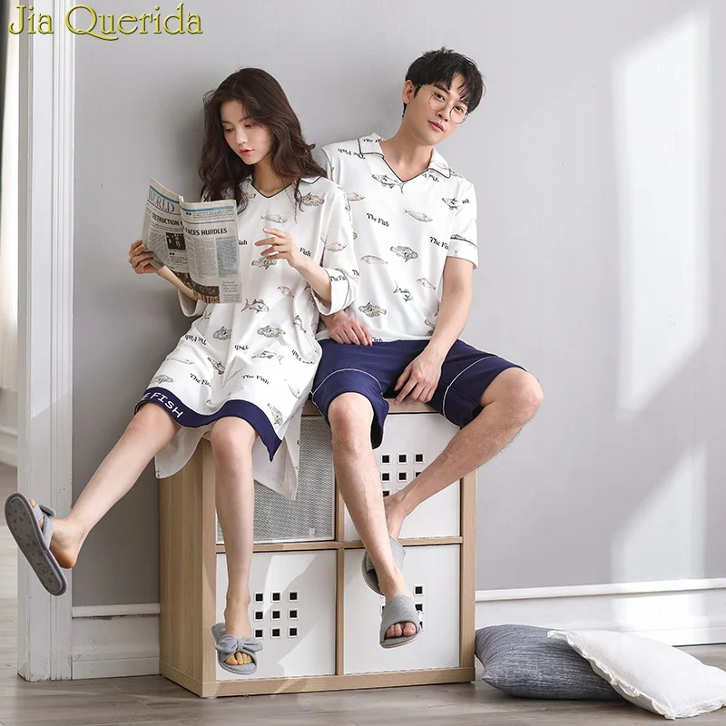 

J&Q Men And Women Nightwear 2019 Summer New Shorts Cute Fishes Print Cotton 2 Pieces & Gown Leisure Couple Matching Pajamas Suit