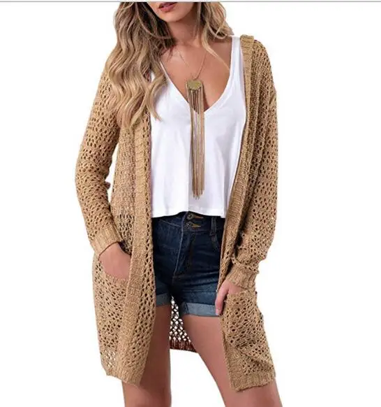 

2018 Autumn and Winter Europe and America hooded openwork knit cardigan solid color long size large size sweater