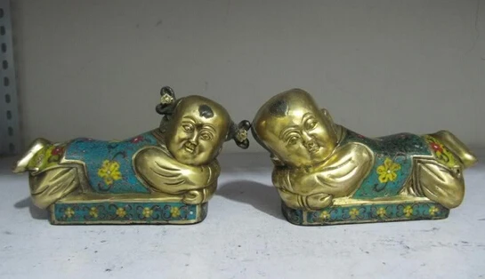 

huij 006948 China 100% Pure Bronze Handwork cloisonne Boy and girl restfully pillow Pair