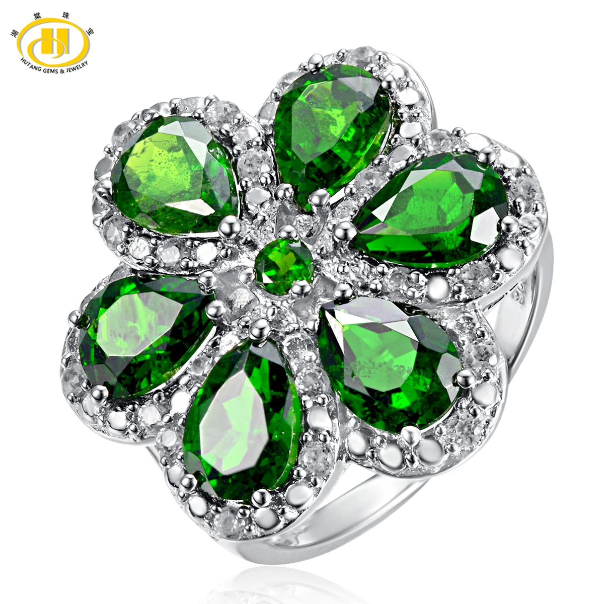 Hutang Natural Chrome Diopside Flower Ring Solid 925 Sterling Silver Luxury Fine Jewelry Women's Birthday Gift