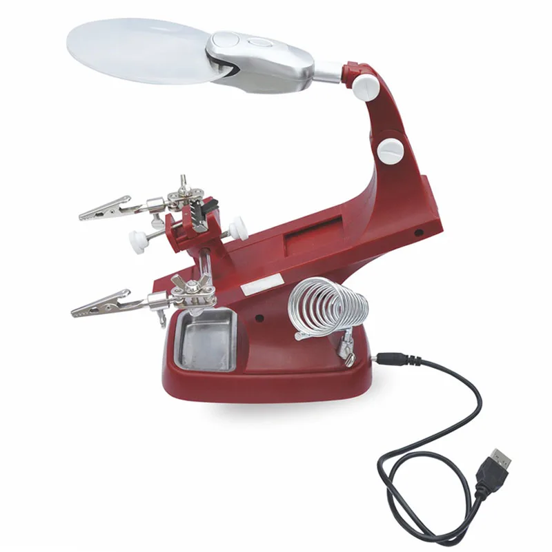 Helping Hand Clip LED Magnifying Soldering Iron Jewelry Stand Lens Magnifier Red