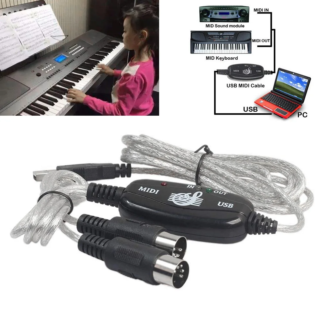 

USB 2.0 to Keyboard PC MIDI Interface Interface Cable For CUBASE Connector Adapter Music Instrument Digital