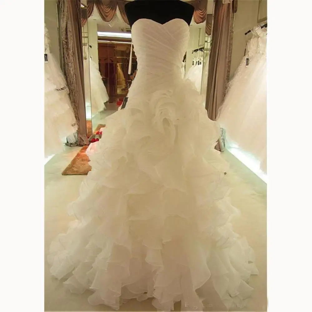 

Romantic Ruffled Organza Sweetheart Neckline Asymmetrical Real Images Sheath Sweep Train Wedding Dresses Lace Up Wedding Gowns