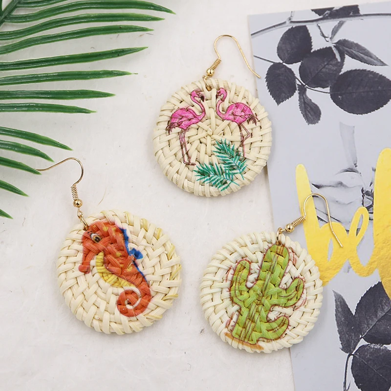 

Handmade Disc Rattan Earrings for Women Cactus/Flamingo Wicker Natural Earring Boho Straw Earing Summer Wooden Jewelry 2019