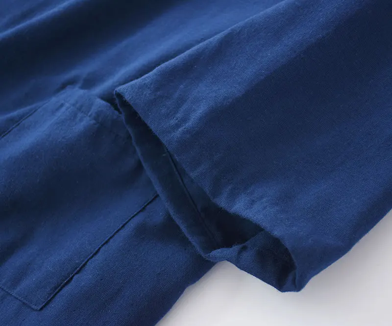 Japanese Style Men Kimono Bathrobe Gowns Navy Blue Cotton Home Clothing Loose Male Long Sleeve Robes Sleepwear Casual Nightwear