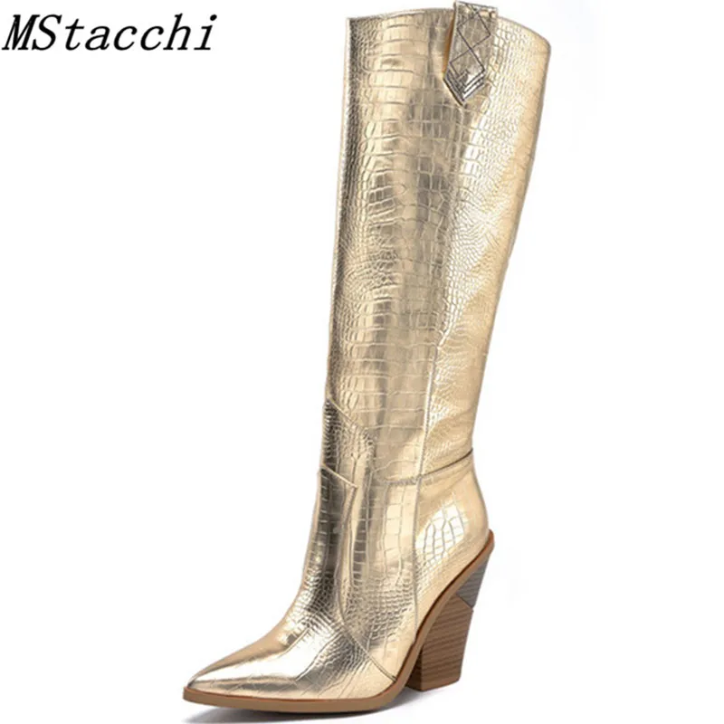Mcacchi/ботинки с тисненым каменным узором; женские сапоги до колена; женская обувь на толстом высоком каблуке; сезон осень-зима; ботинки на меху; Botines Mujer;