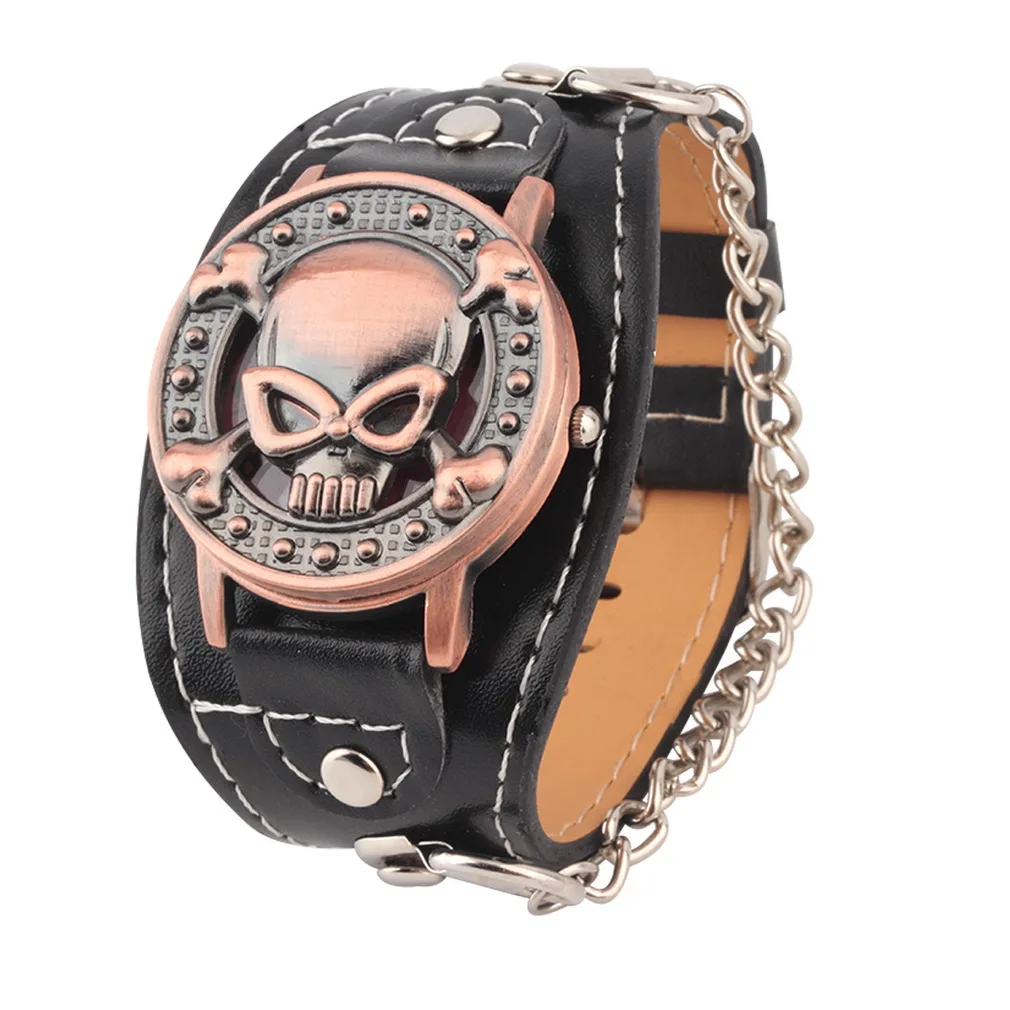 Новый чехол с черепом кварцевые часы для мужчин для женщин наручные часы с ремешком из искусственной кожи часы-браслет для мужчин Байкер