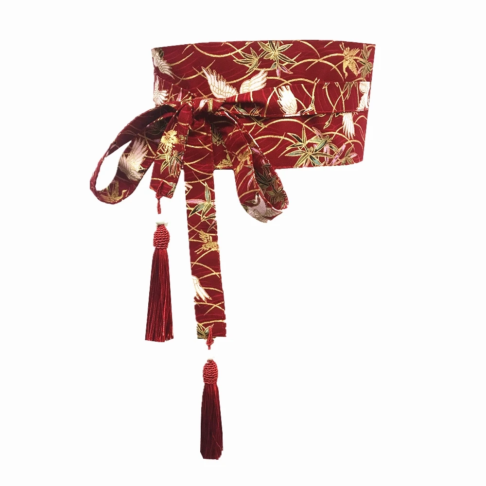 Elegant Red Cotton-Linen Tassel Waist Belt with Cummerbund