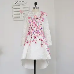 С длинным рукавом Подружкам невесты Бато Высокая Низкая Hi-Lo платье Кружево бальное платье 3D цветы Бальные платья