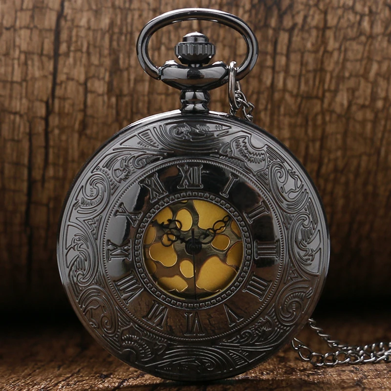 Дизайн Черный, серый цвет римские цифры Кварцевые Винтаж Античный карманные часы ожерелье часы с цепочкой P413