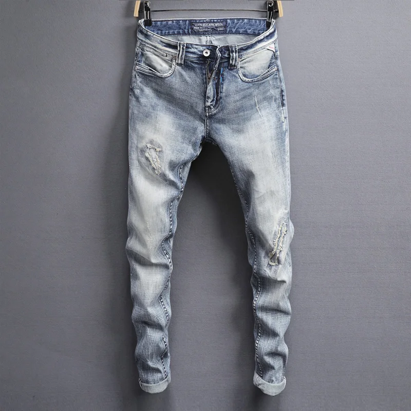 

Italian Vintage Designer Men Jeans Retro Blue Wash Slim Fit Elastic Ripped Jeans Hip Hop Pants Patch Designer Classical Jeans