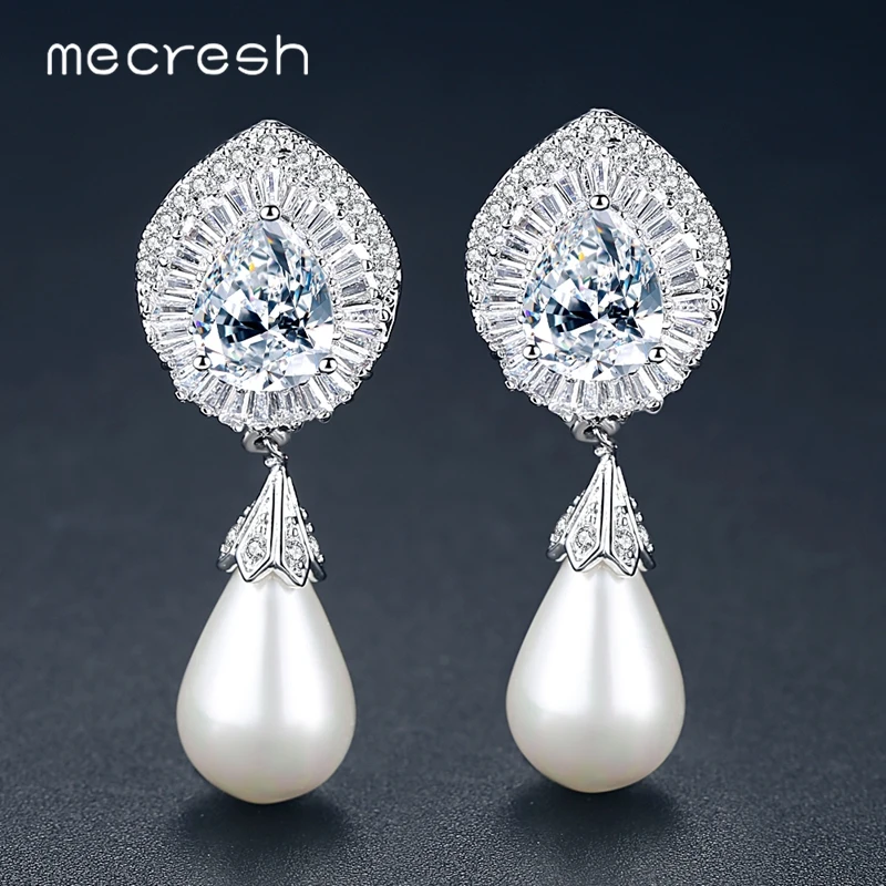 

Mecresh Cute Clear CZ Tear Drop Dangle Earrings for Women Fashion Wedding Party Bride Earrings with Simulated Pearls EH1051