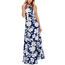 Mujeres largo maxi dress halter cuello mangas de la impresión floral de boho holiday dress
