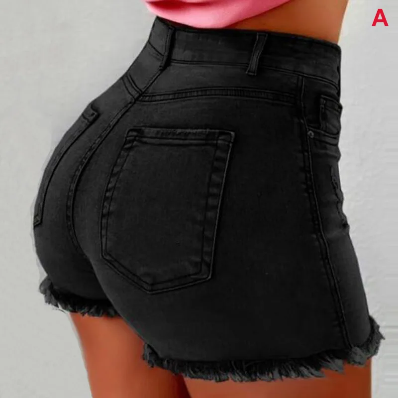 Women Short Jeans High Waist Tassel Hem Holes Hot Shorts for Summer KNG88