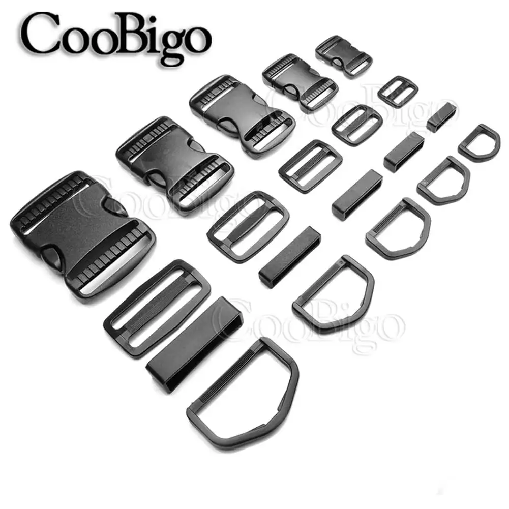 

1set 20mm 25mm 30mm 38mm 50mm Plastic Slider Adjustable D Rings Belt Loop Side Release Buckles For Dog Collar Webbing DIY Kit