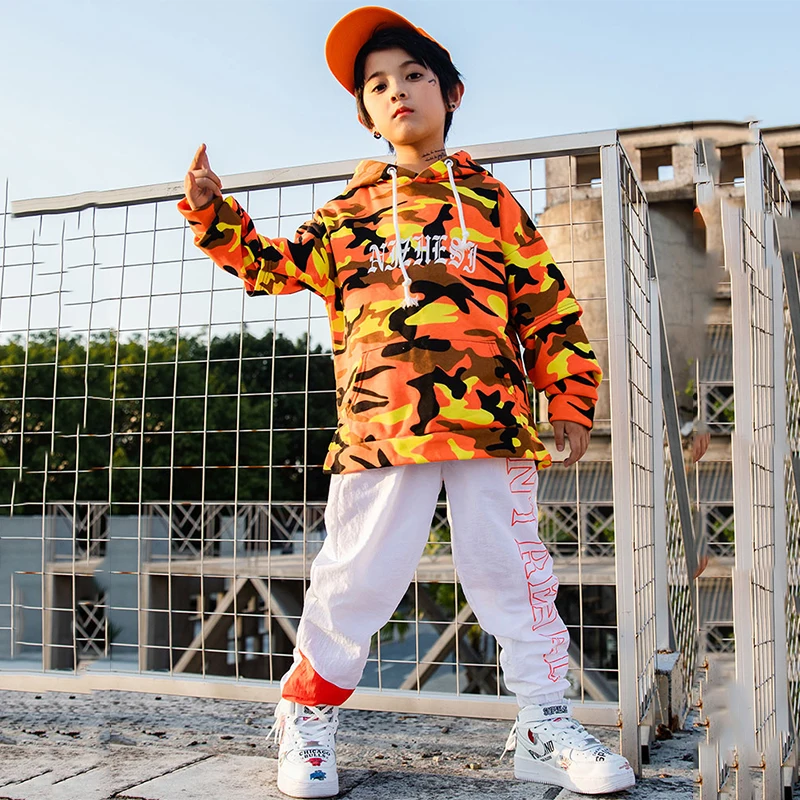 Jazz Costume Kids Orange Camouflage Top White Pants Hip Hop Clothes ...