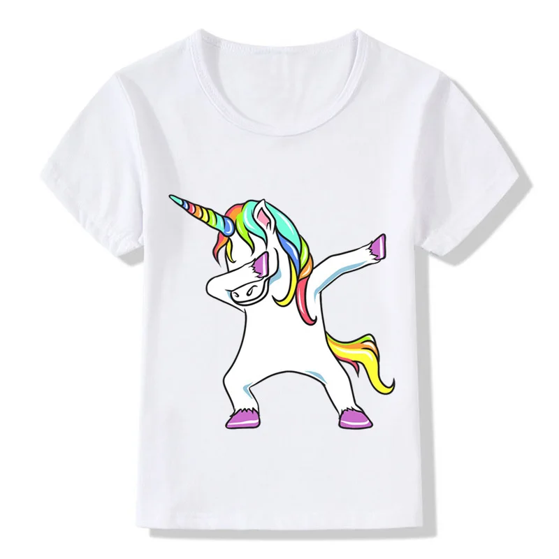 Детская забавная футболка с изображением единорога детские летние топы, футболка с короткими рукавами для мальчиков и девочек одежда для малышей с изображением кролика/кота HKP2081 - Цвет: whiteQ