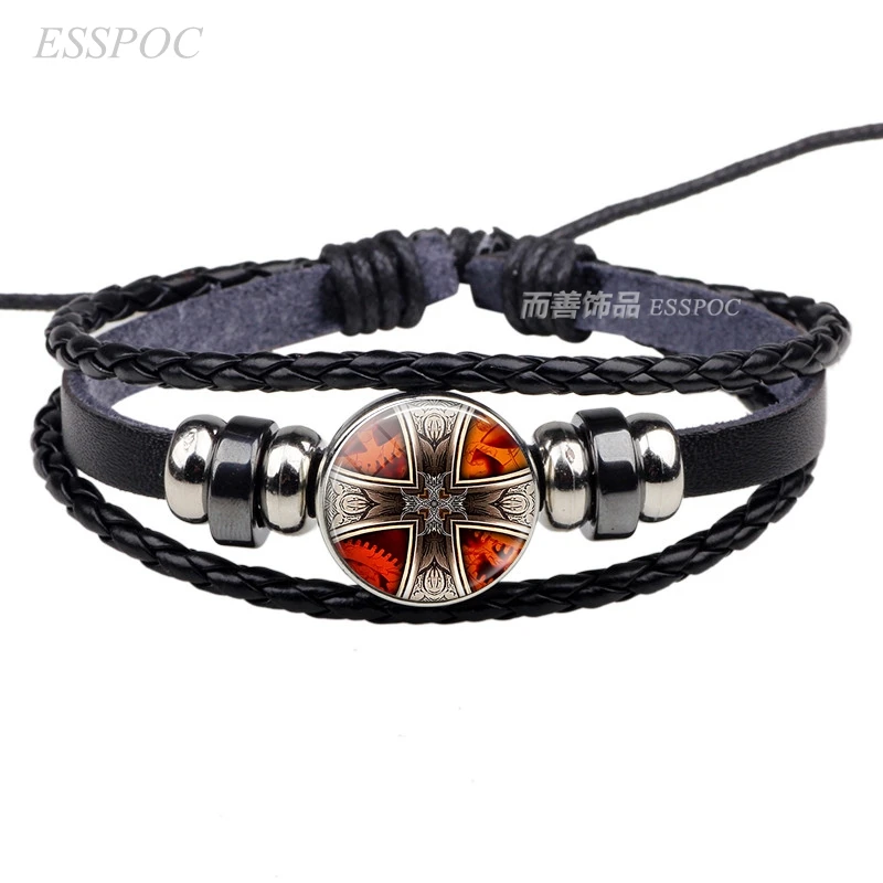

New Red Cross Black Multilayer Button Woven Leather Bracelet Glass Dome Accessories Jewelry Bracelet Gift