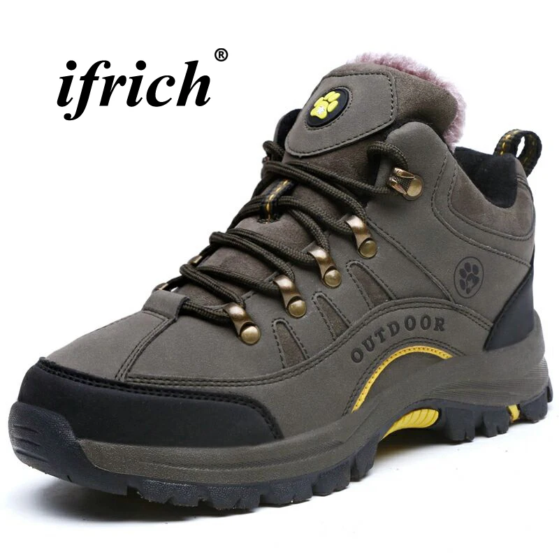

High Top Mountain Sneakers for Men Women Army Green Khaki Hiking Shoes Winter Warm Woman Trekking Boots with Fur Outdoor Boots